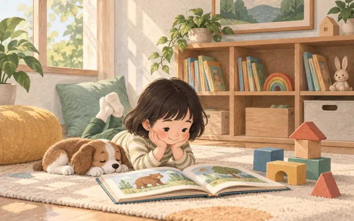 擺有繪本、大積木與矮書架的幼兒學習角